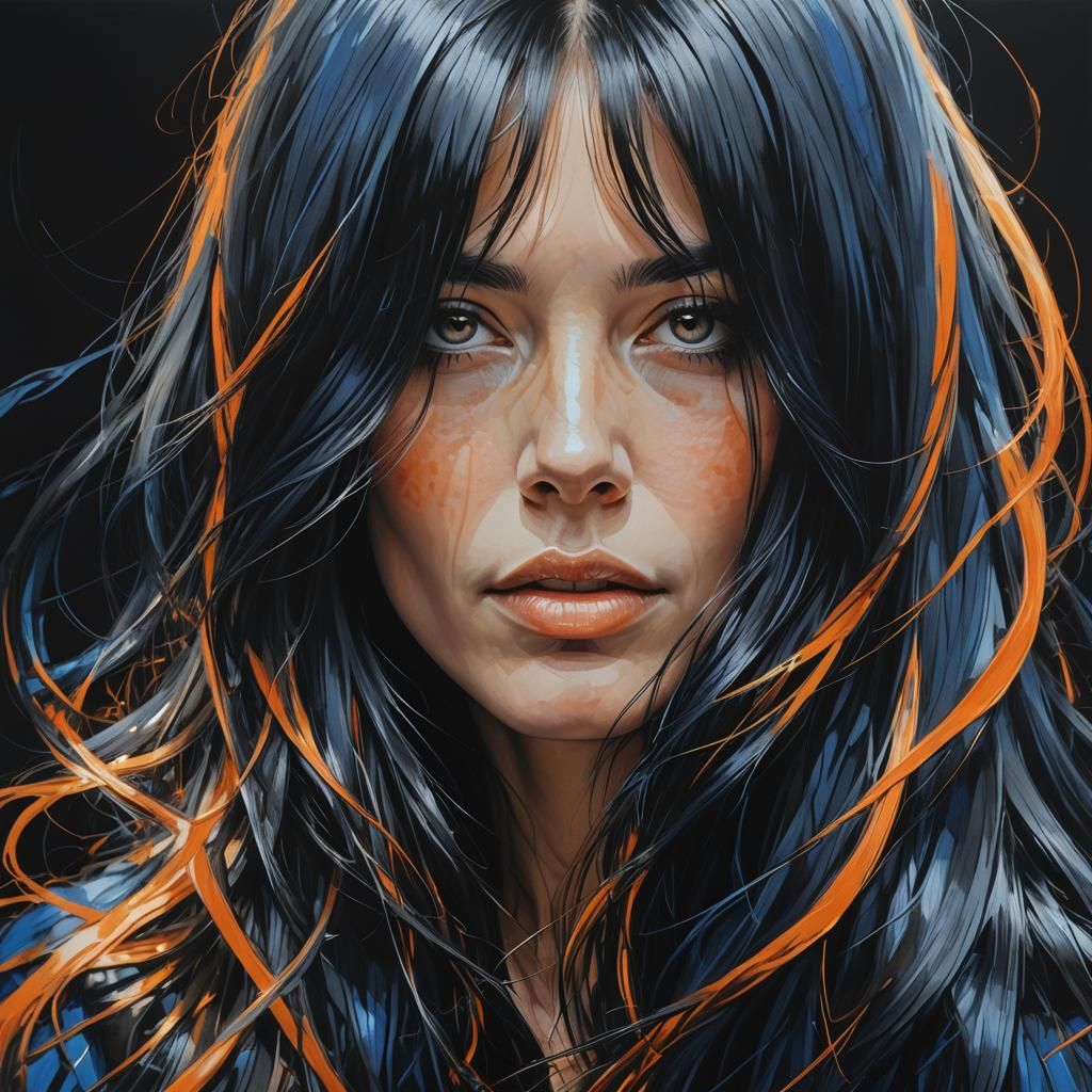 Realistic Abstract Portrait in Blue, Orange and Gold