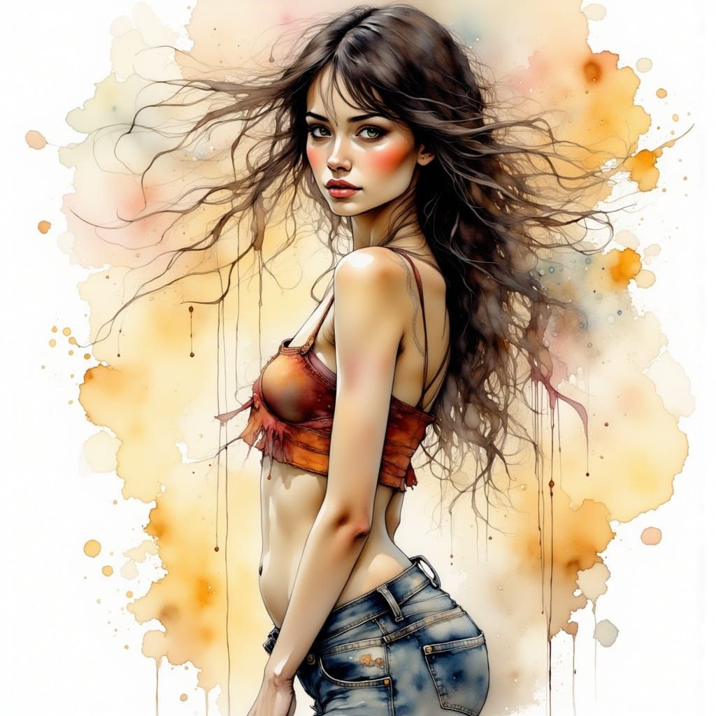 Ink Portrait of Woman with Windblown Hair