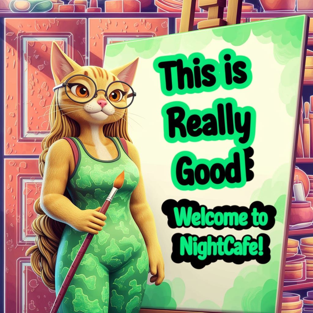 In a warmly lit art studio filled with scattered paint supplies and shelves brimming with art materials, a charming anth...