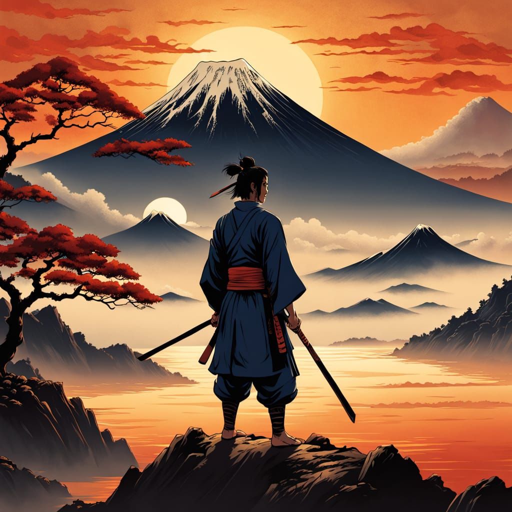 Samurai Warrior at Sunset in Eastern Style