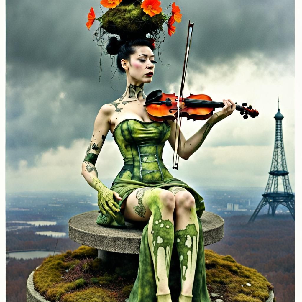 Alien Rockabilly Maiden: Retrofuturism Art Nouveau Sumi-e