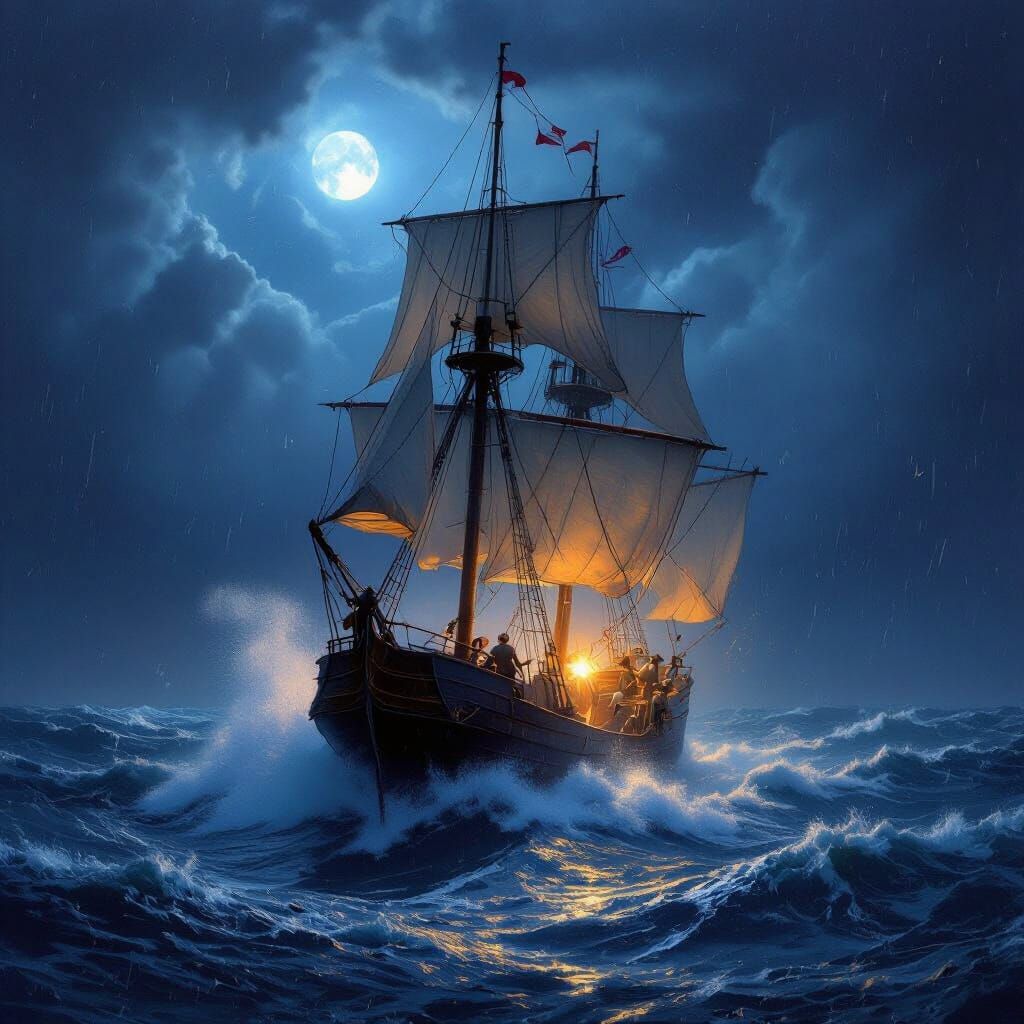 Ship Battles Stormy Seas at Night in Ethereal Fantasy Style