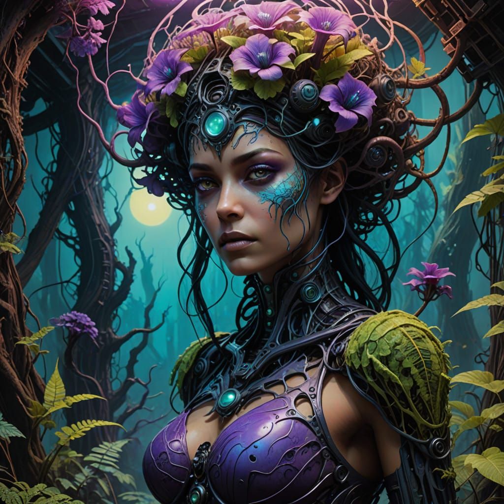 Confident Human-Plant Hybrid Woman in Cyberpunk Jungle Labor...