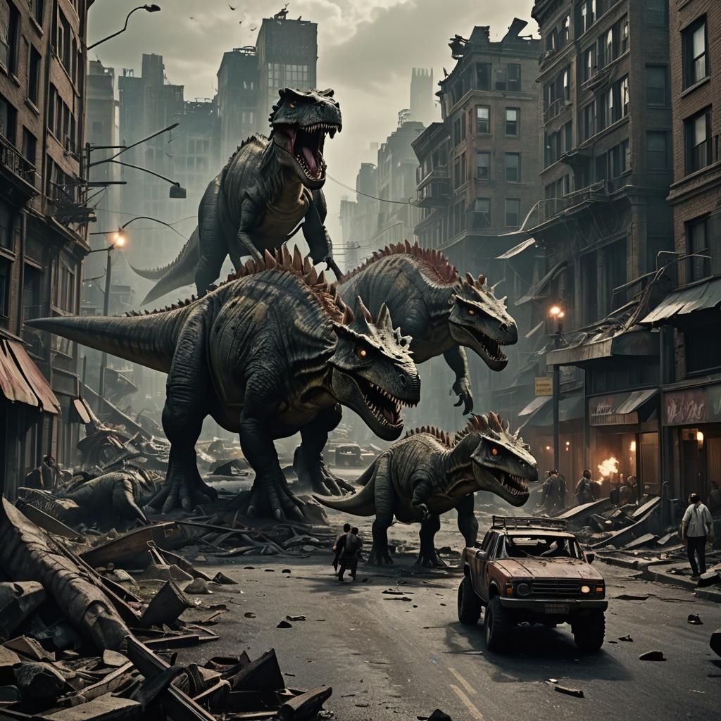 Dinosaurs Devastate Cityscape in Cinematic Disaster