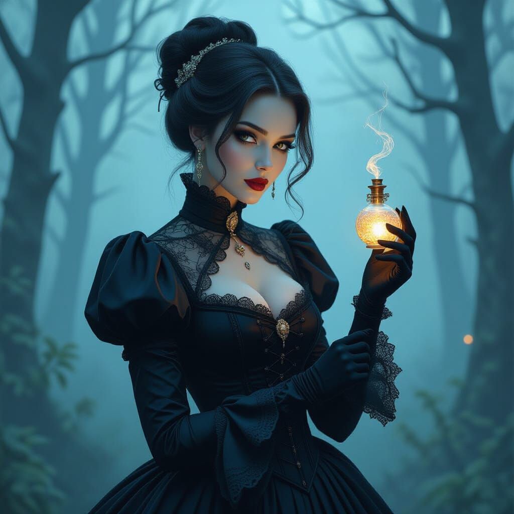 Victorian Woman with Glowing Poison in Eerie Forest