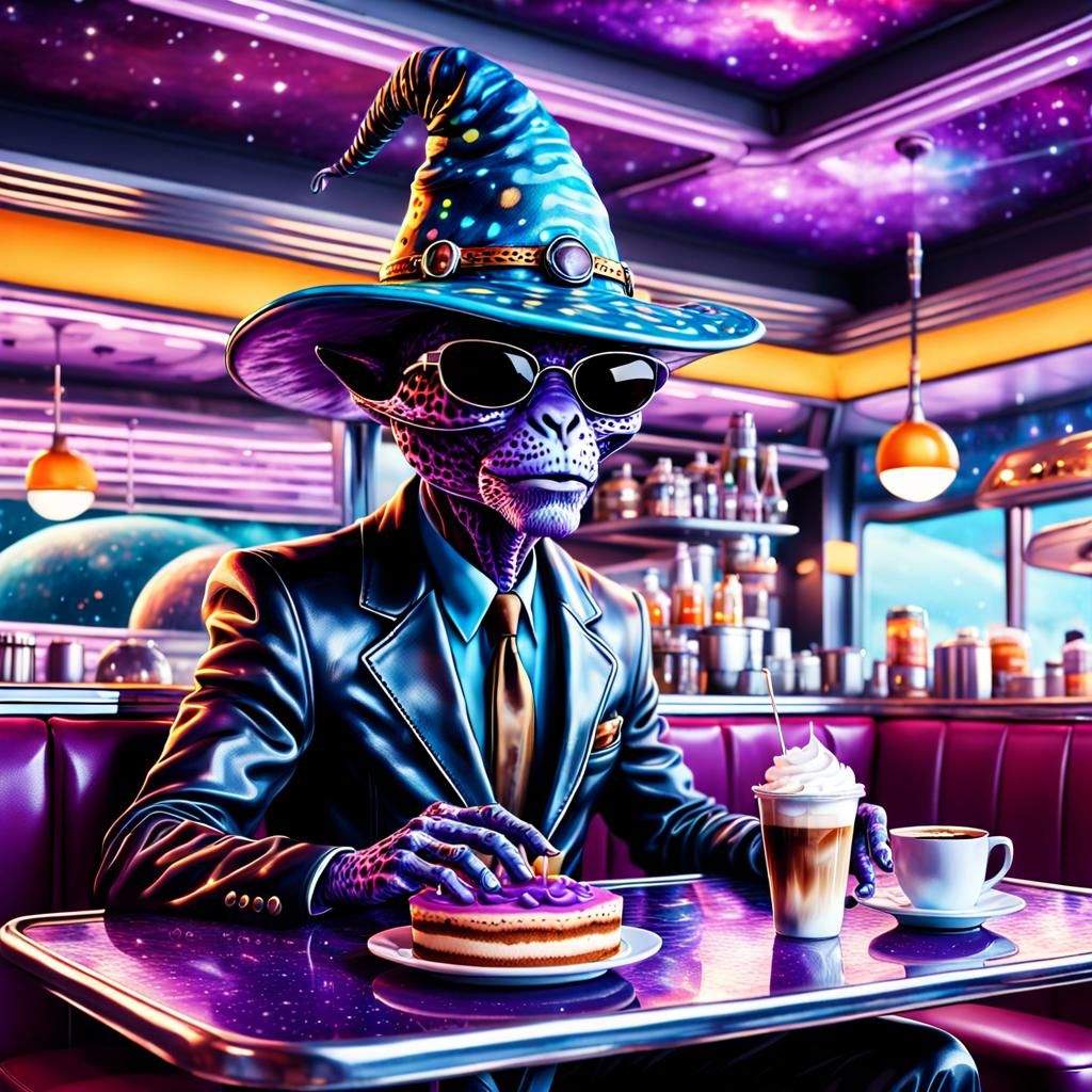 Leopard Alien in Retro Diner on Asteroid, Cosmic Art