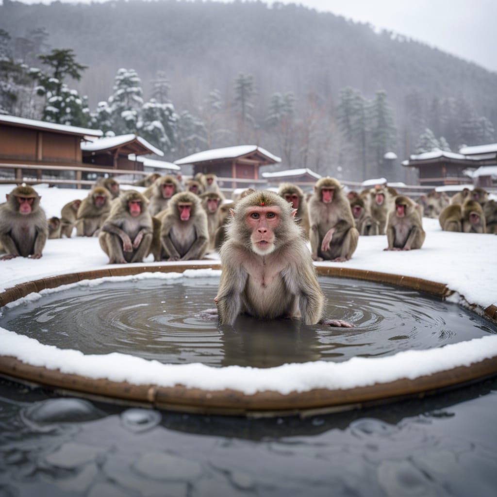 Macaque Monkeys in Winter Onsen