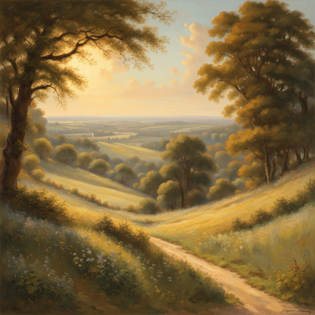 Idyllic 18th-Century French Landscape in Warm Golden Light