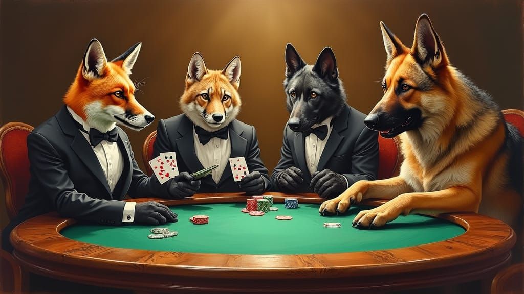 Animals Play Poker in Oil Painting Style
