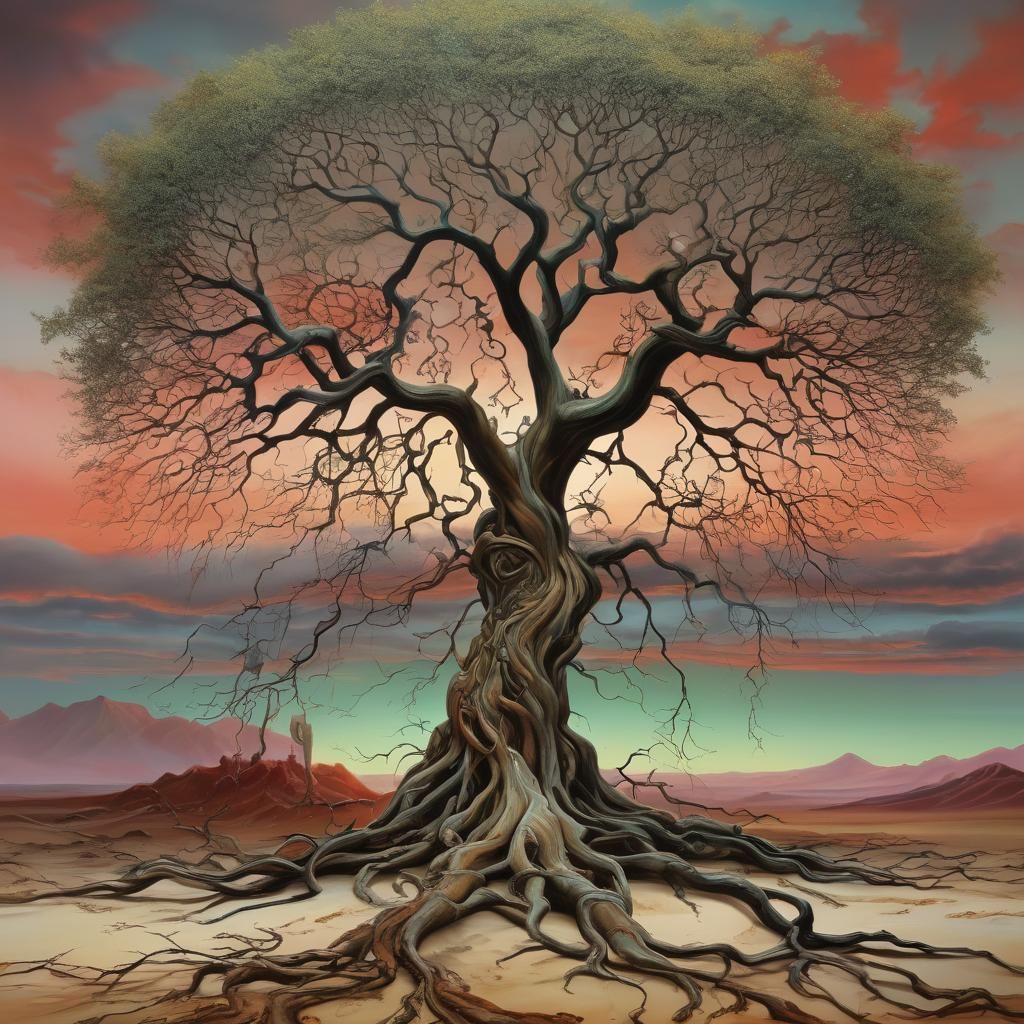 Mystical Tree in Surreal Twilight Landscape