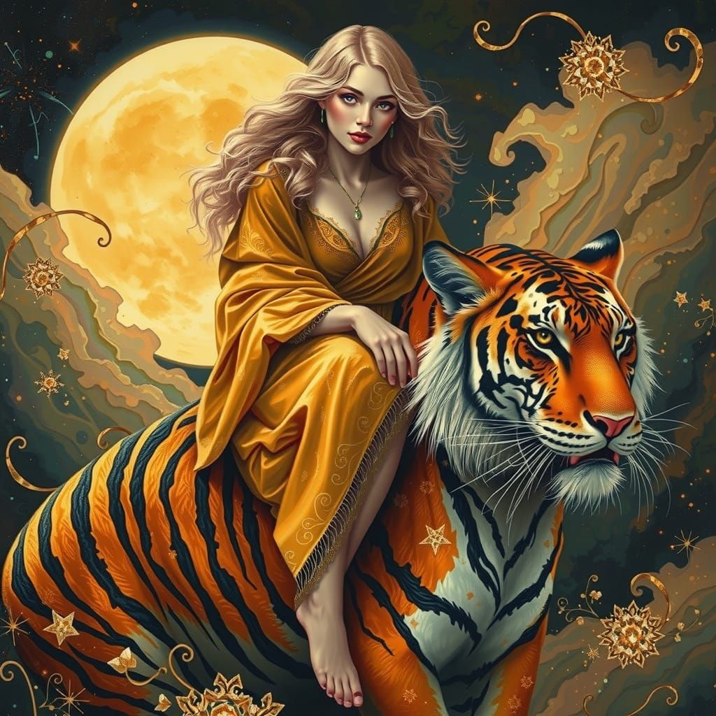 Golden Goddess and Majestic Tiger in Dreamlike Setting