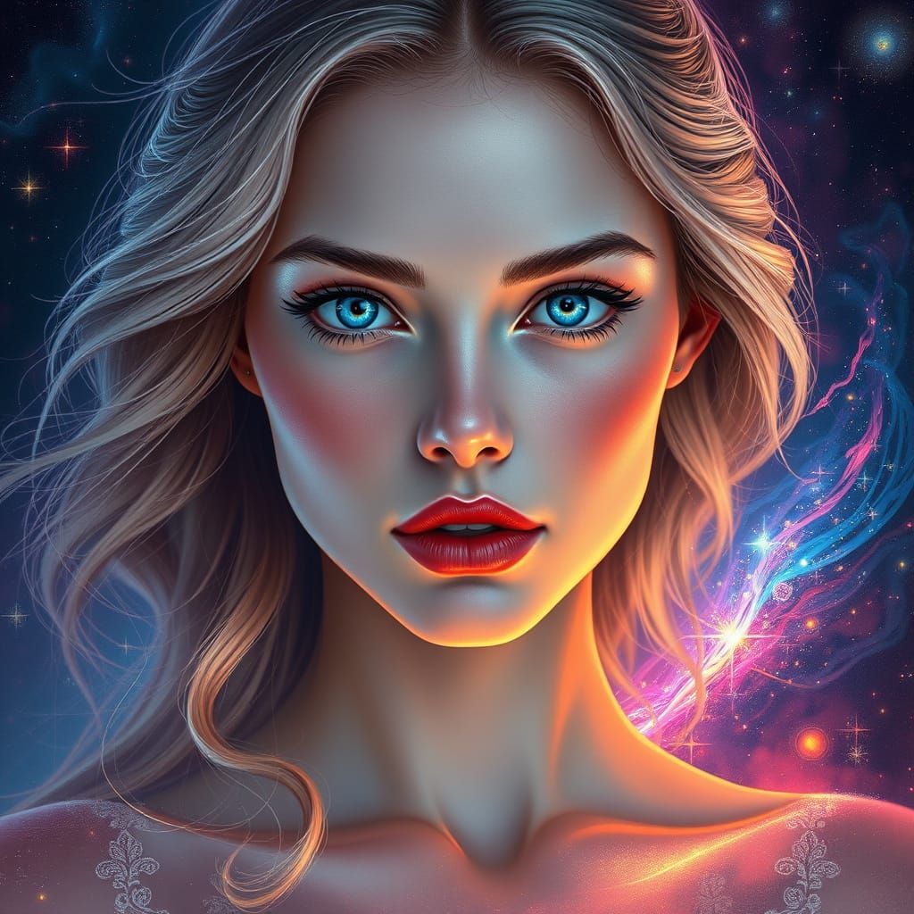 Elegant Digital Portrait of a Celestial Beauty in Vibrant Co...