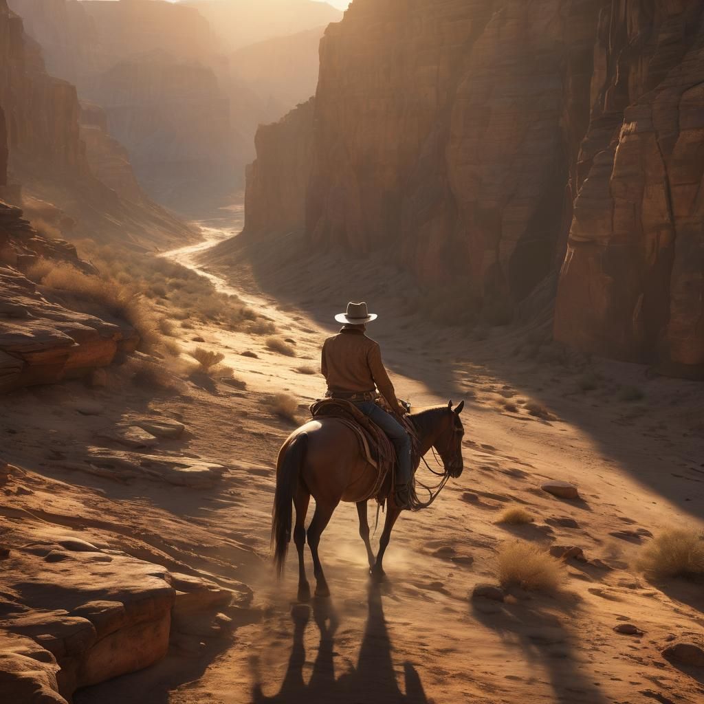 Lone Cowboy Rides Through Golden Canyon