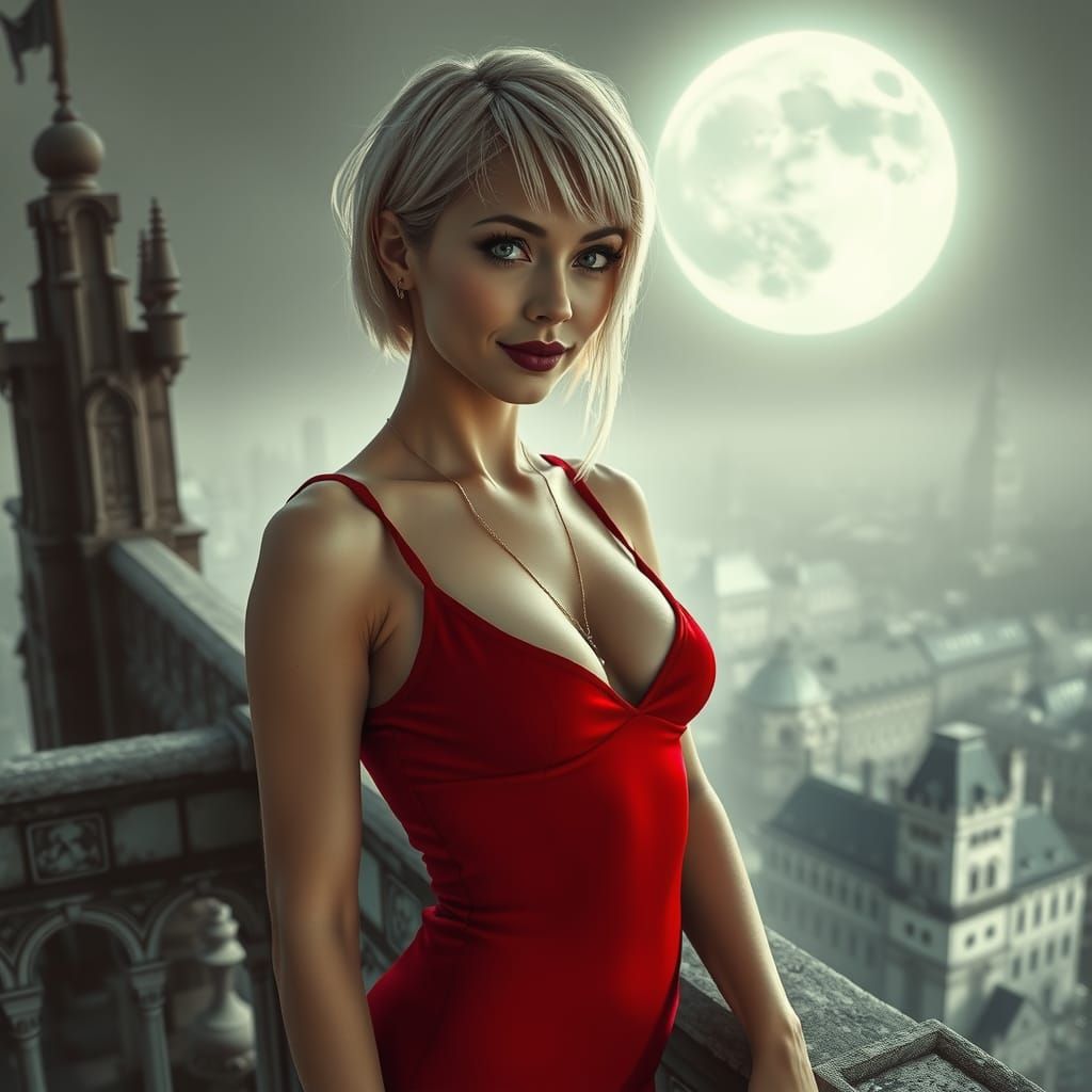 Gothic Woman on Balcony in Moonlit Cityscape