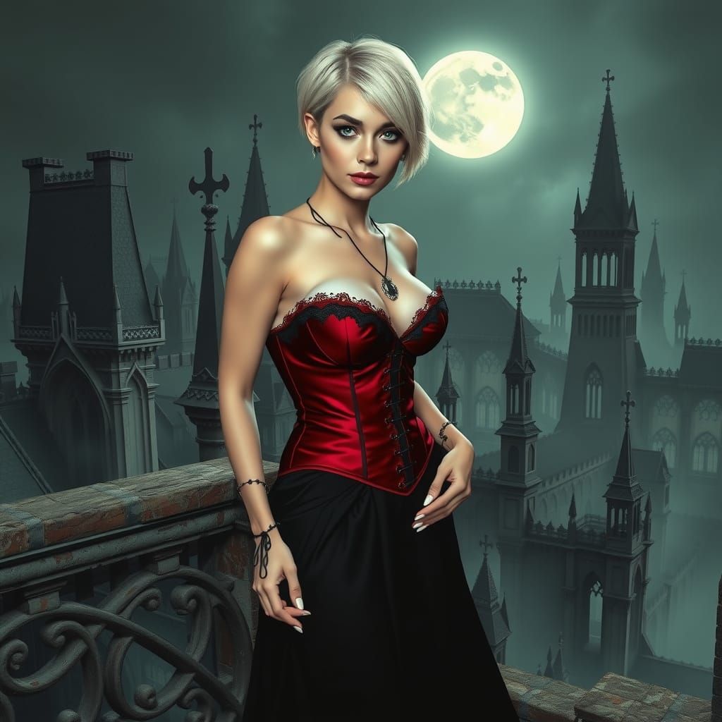 Gothic Woman on Balcony in Moonlight, Ethereal Art