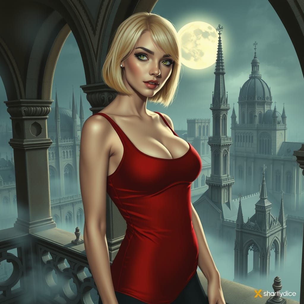 Gothic Woman on Balcony Under Moonlight