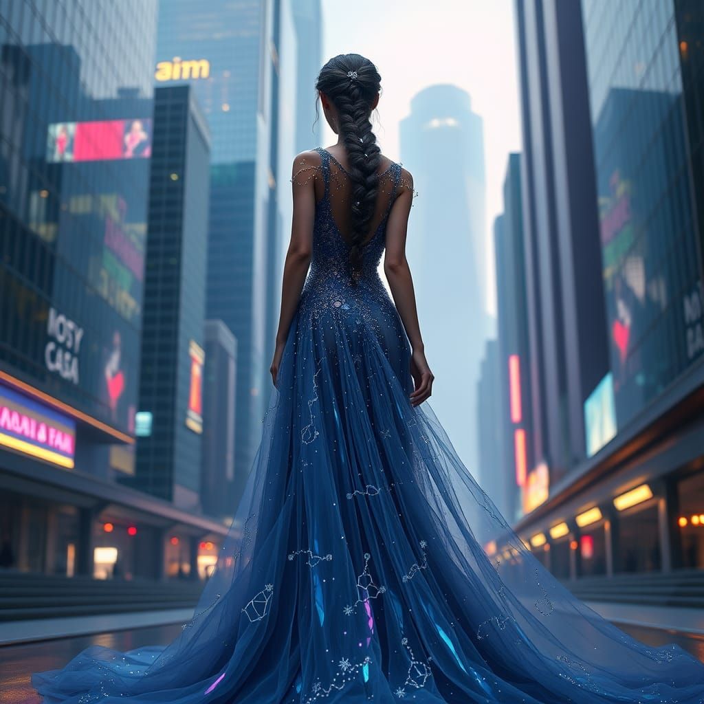 Model in Futuristic Cityscape with Night Sky Gown