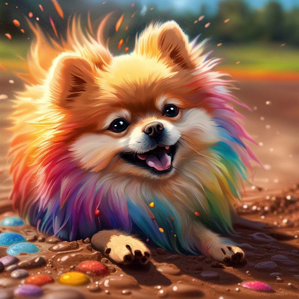 Playful Pomeranian's Best Day: Rainbow Mud Fun