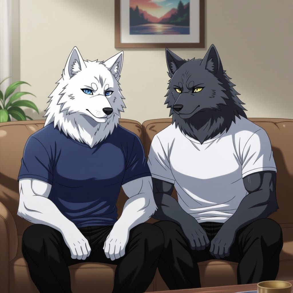 Anime Wolves Relaxing on Couch in Manga Style
