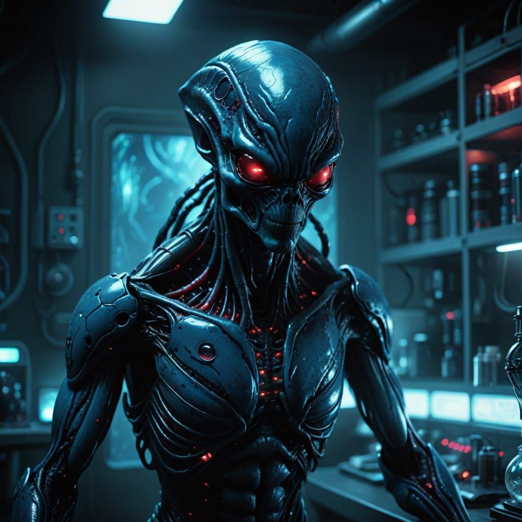 Captured Alien Lifeform in Dark Sci-Fi Lab