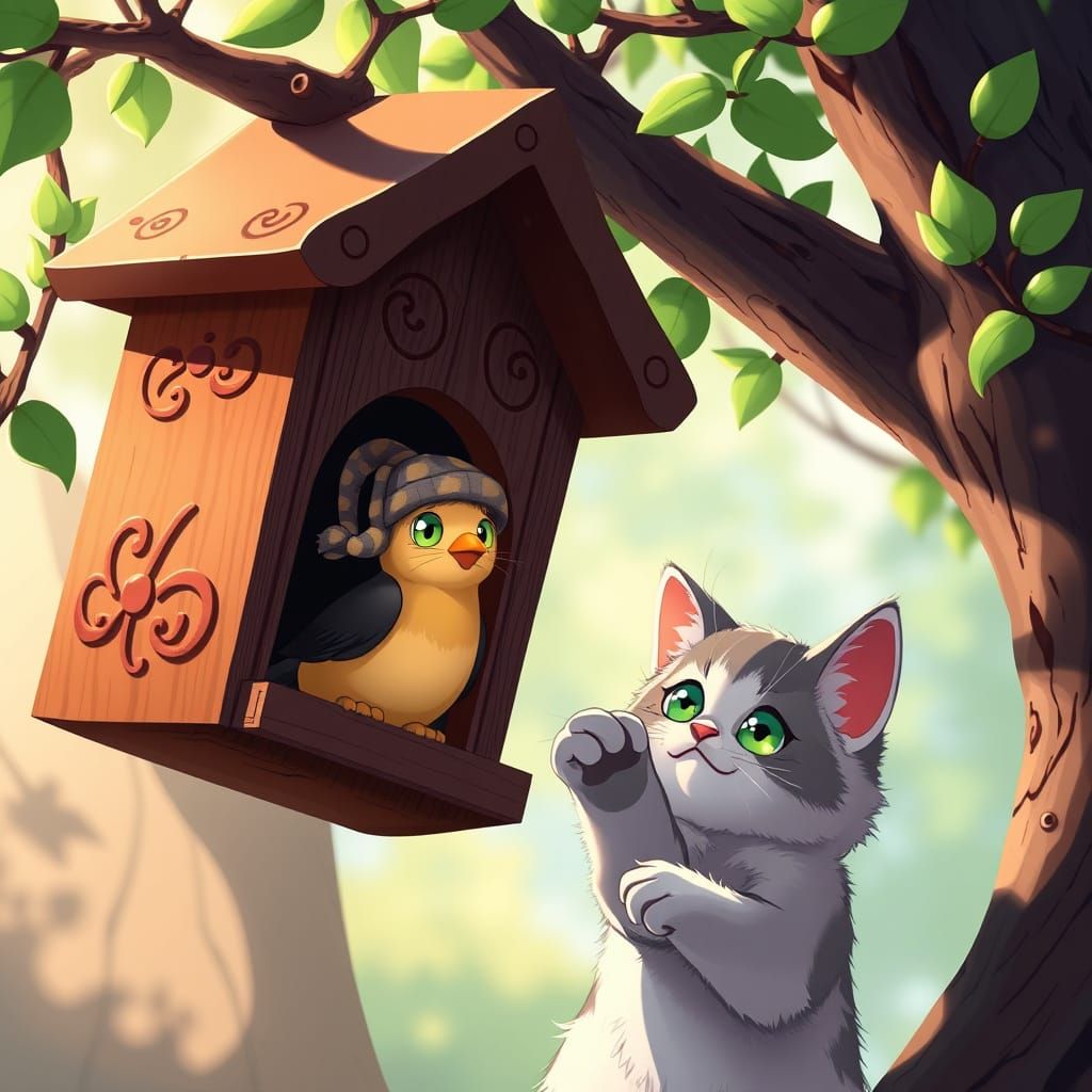 Whimsical Birdhouse Scene in Cel-Shaded Anime Style