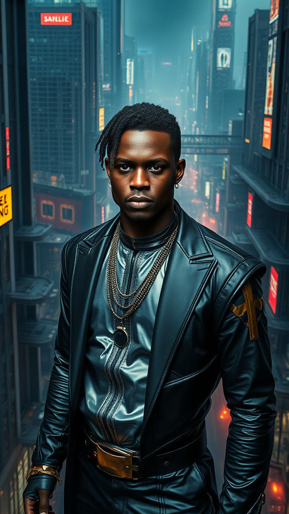 Afrofuturistic Man in Dystopian Metropolis