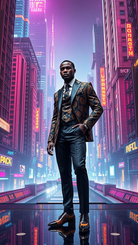 Afrofuturistic Man in Dystopian Metropolis, Cyberpunk Style