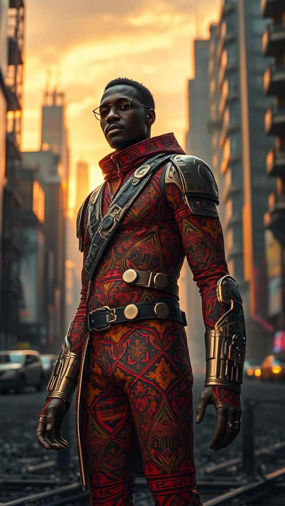 Afrofuturistic Black Man in Dystopian Metropolis