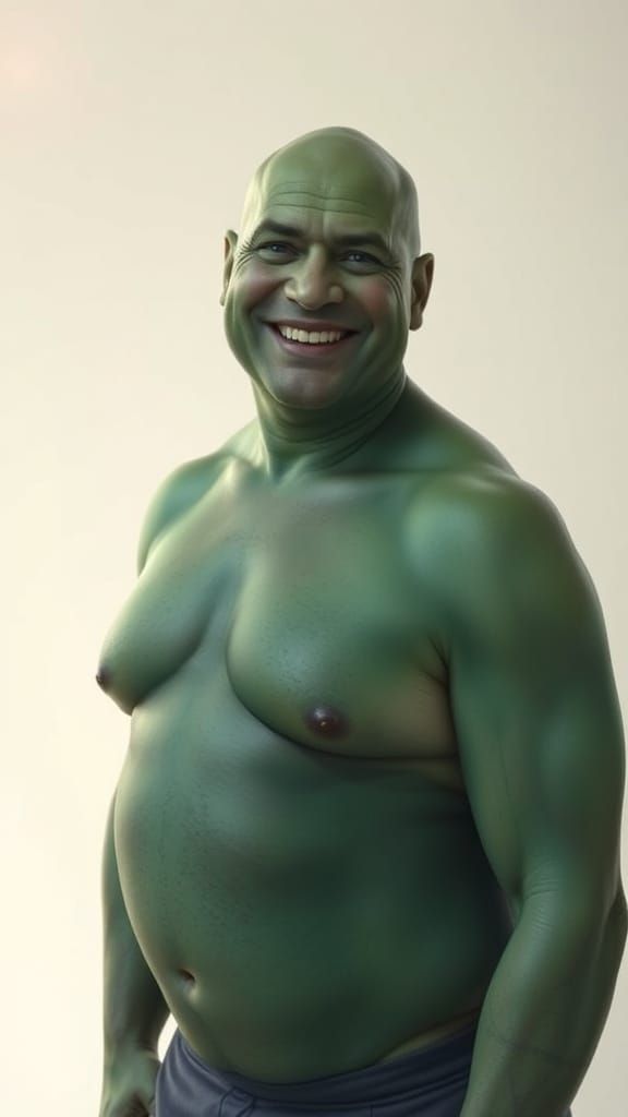 Bald, Green-Skinned Man Smiles with Warmth and Vulnerability