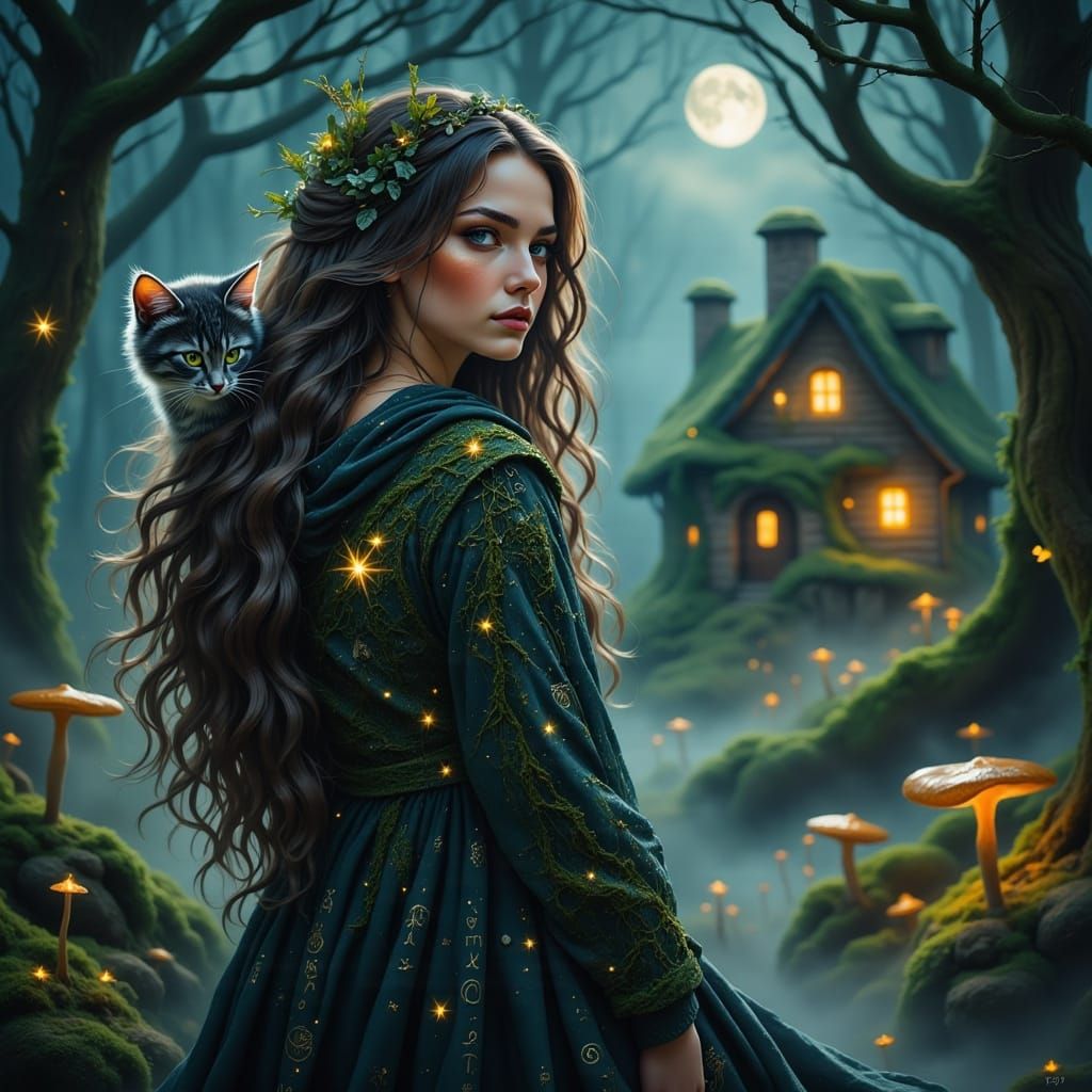 Enchanted Woodland Witch in Moonlit Forest
