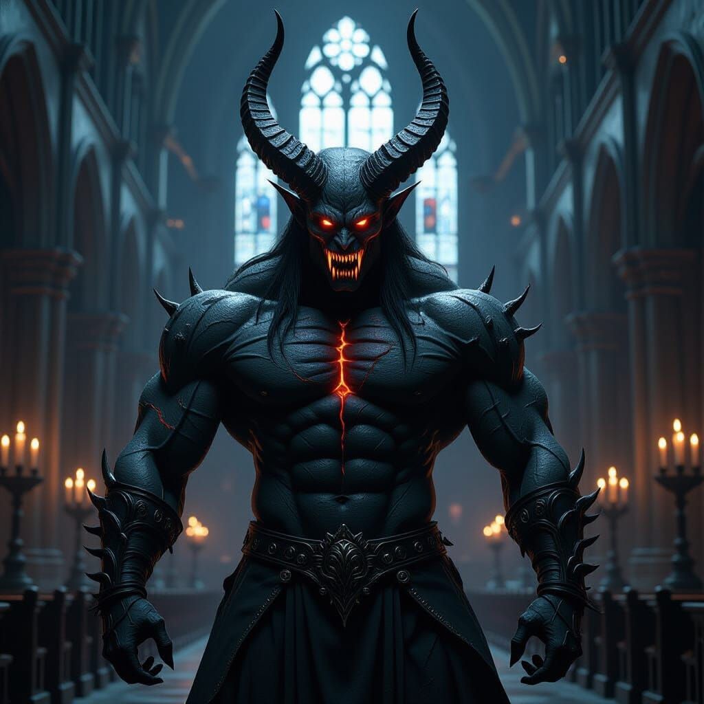 Terrifying Demon Lord in Gothic Cathedral, Biomechanical Sty...