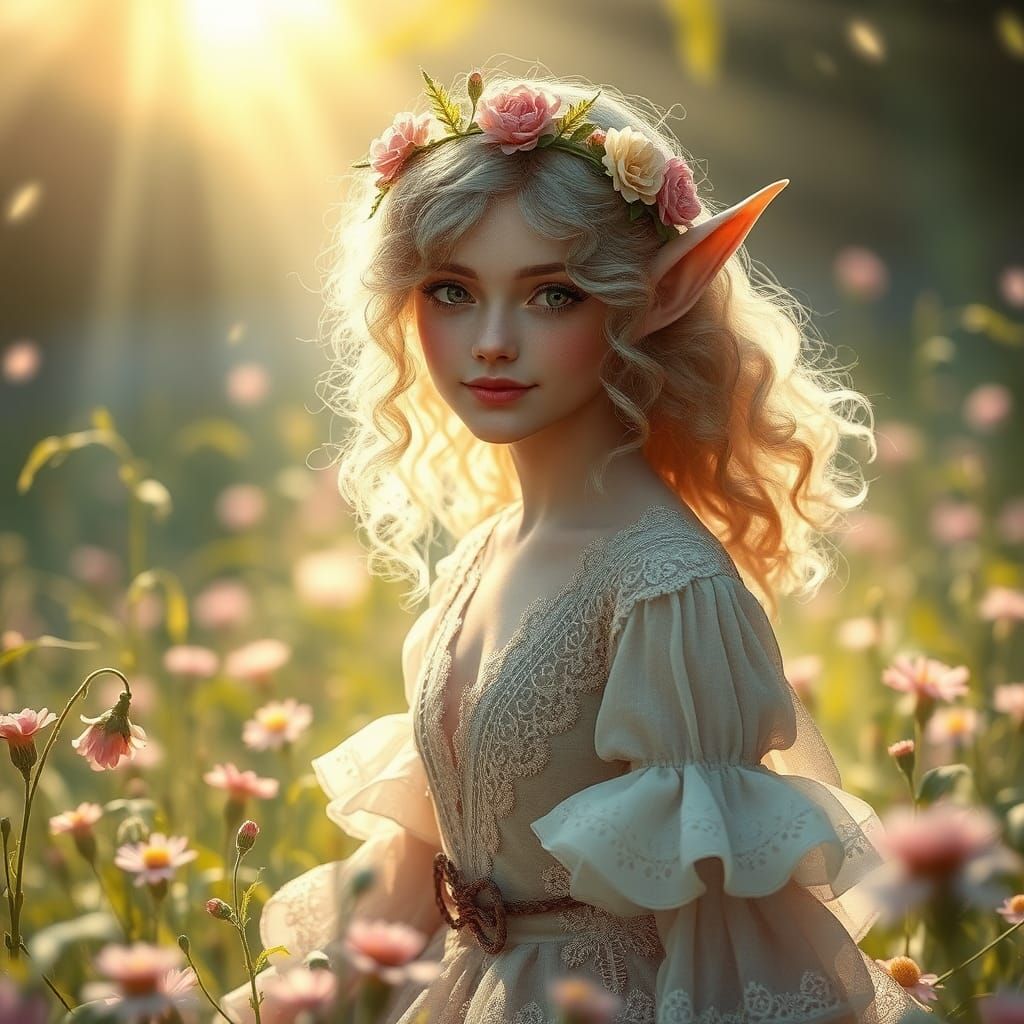Victorian Elf in Meadow: Dreamlike Pre-Raphaelite Portrait
