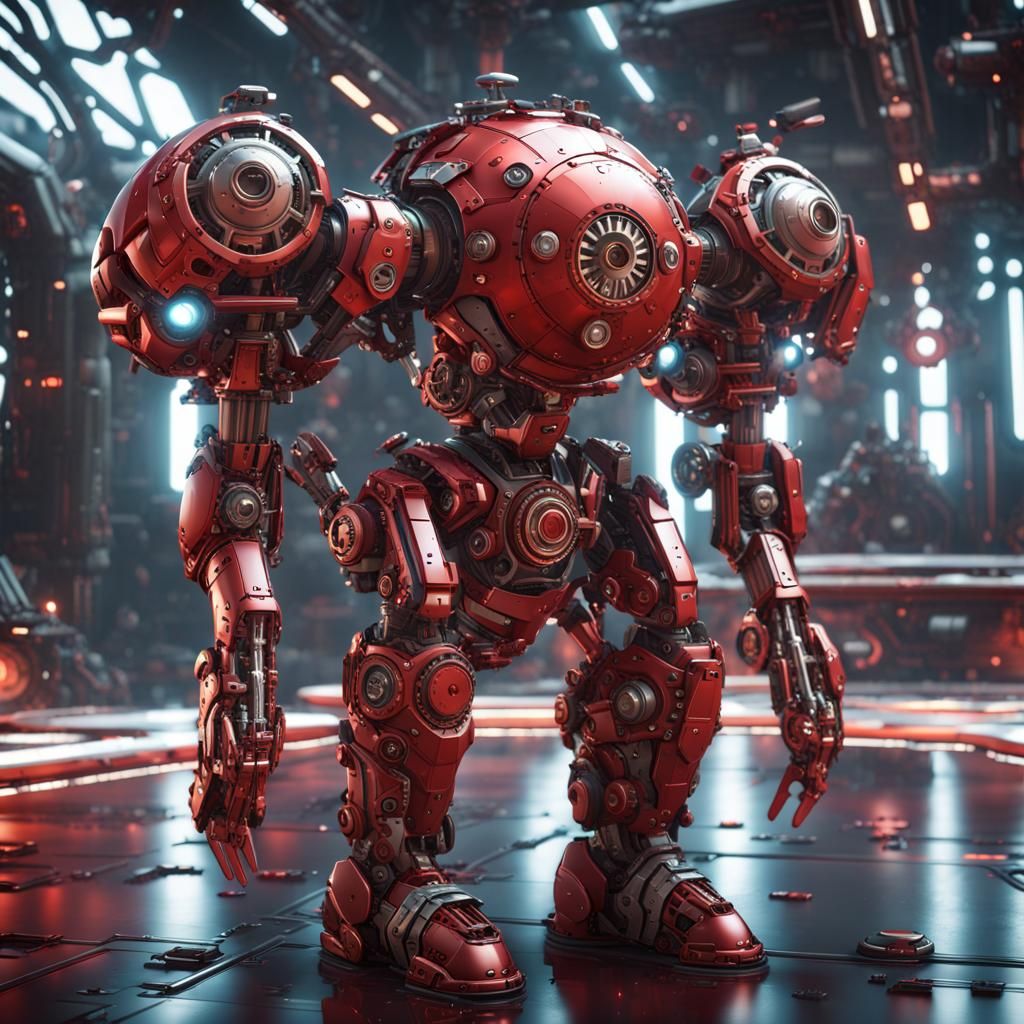 Cyborg Girl in Red Armor, Futuristic Sci-Fi Art