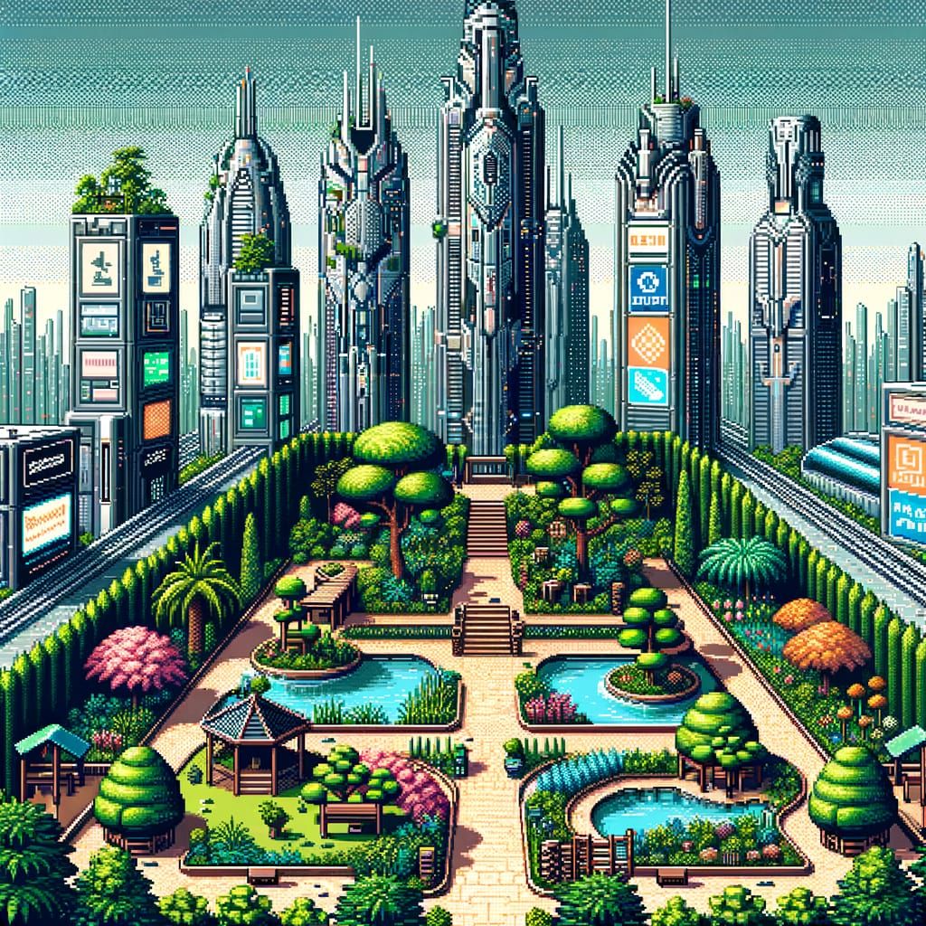 Pixel Art: Exotic Park in Hyper-Futuristic City