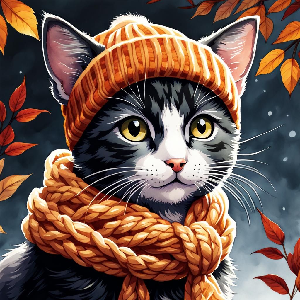 Adorable Kitten in Autumnal Watercolor Anime Style