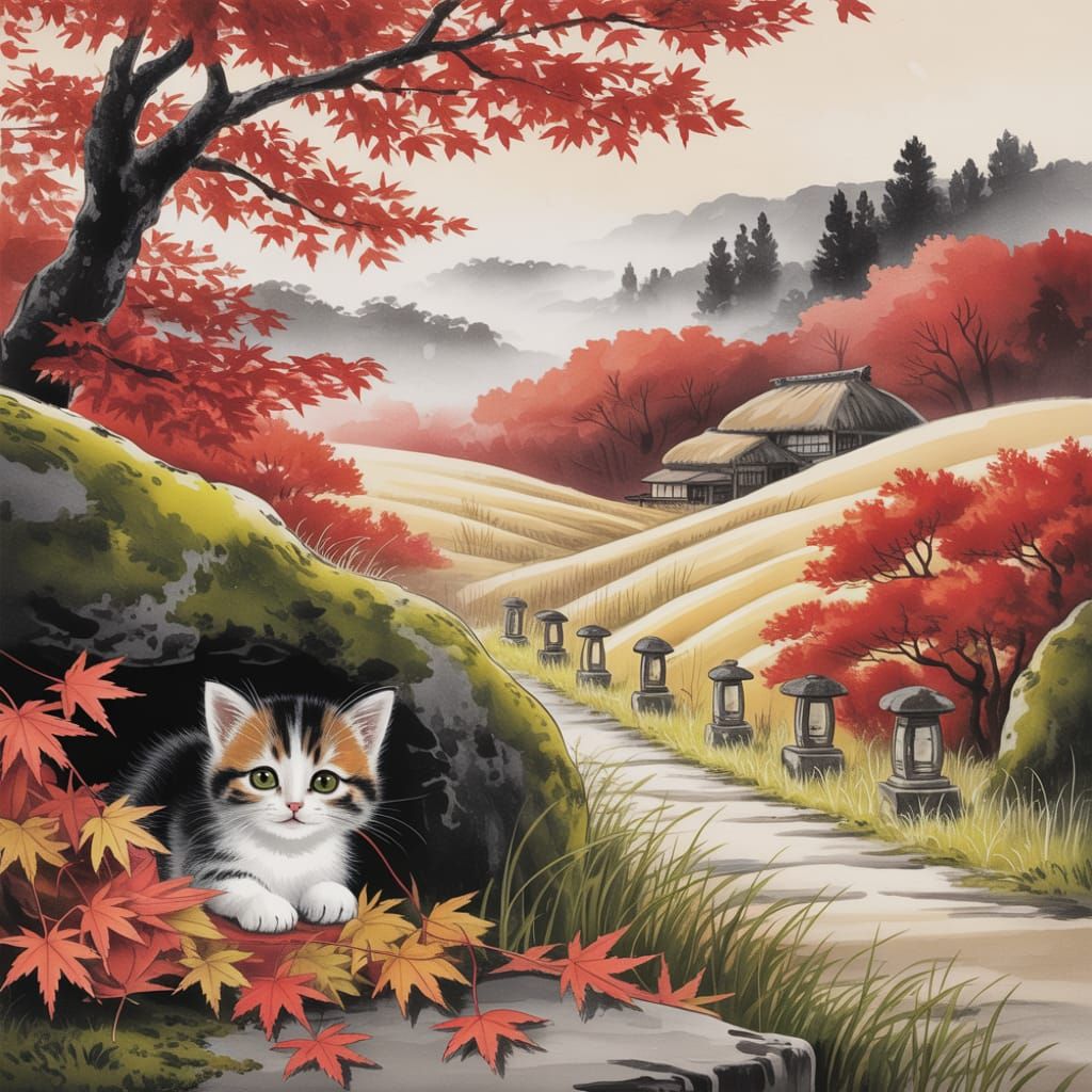 Sumi-e Autumn Landscape with Calico Kitten