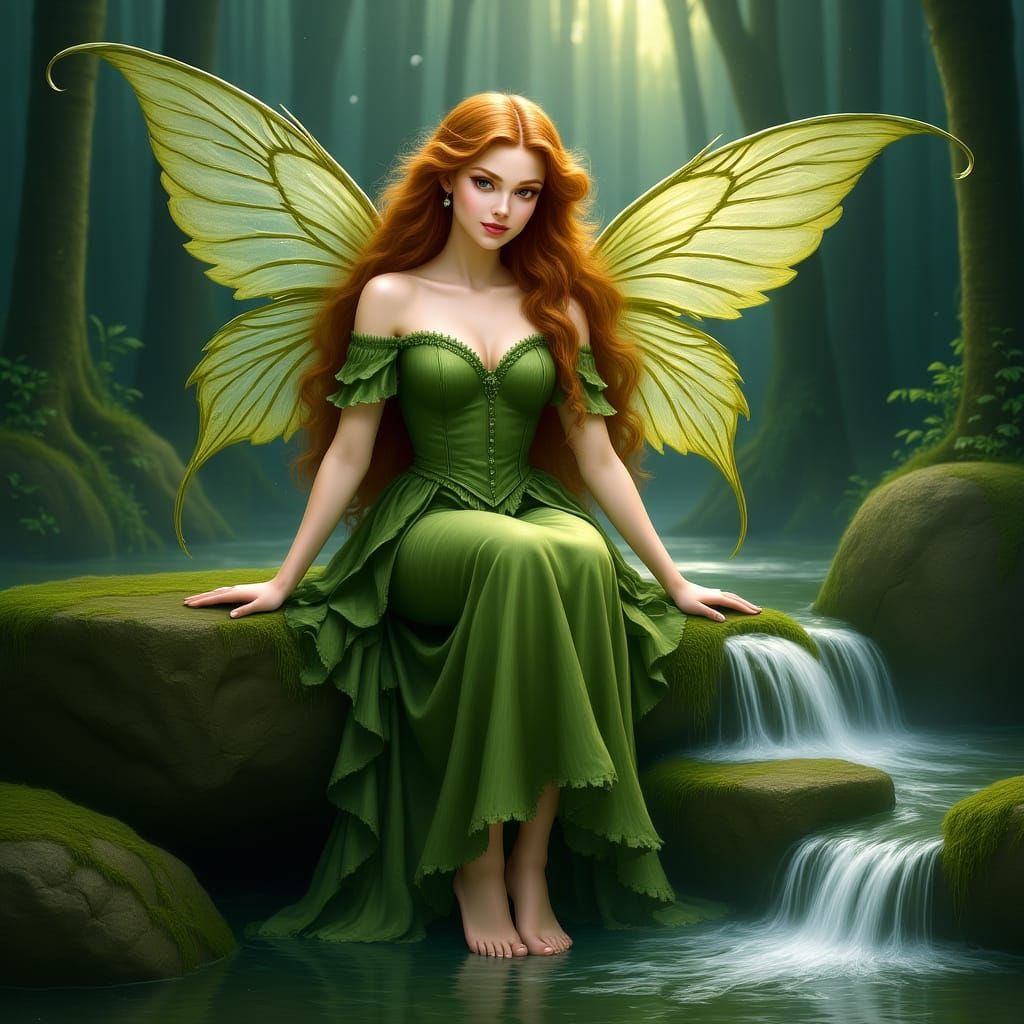 Enchanting Fairy near Waterfall in Ethereal Style
