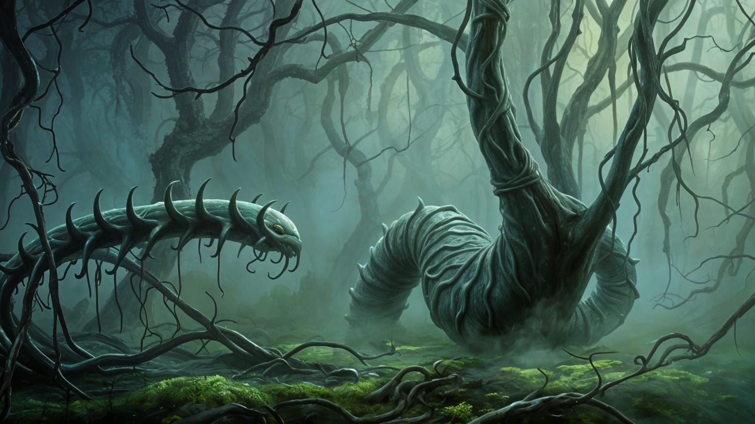 Biomorphic Sentient Entity in Eerie Forest, Oil Painting