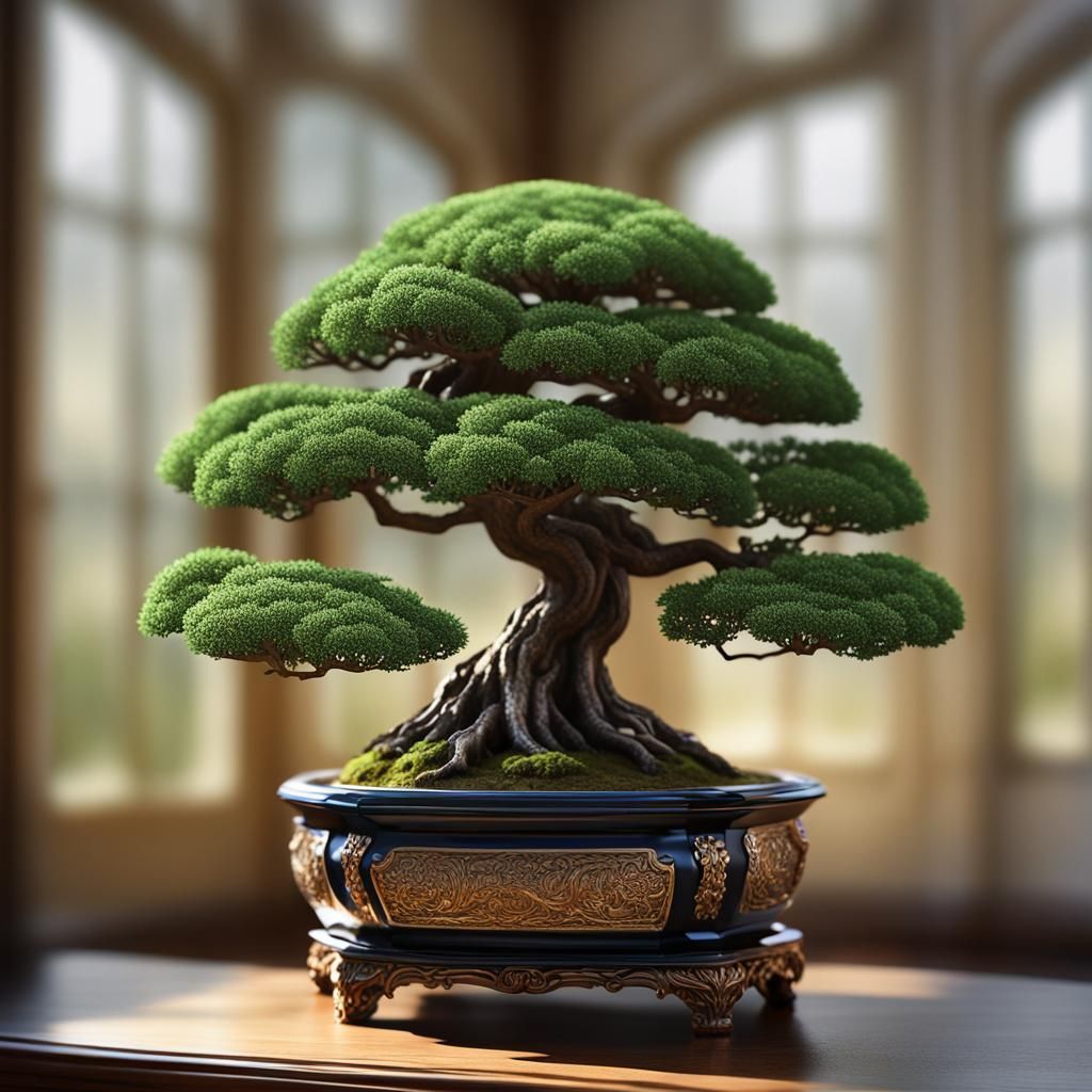 A delicate formal upright Bonsai tree on an exquisite, ornate stand.