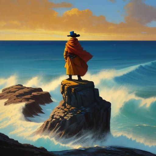Ulysses on Rocky Cliff: Vibrant Oil Painting