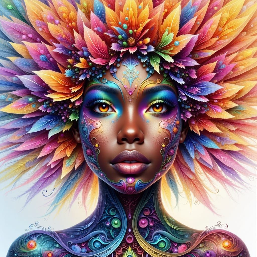 Vibrant Portrait of a Black Woman with a Fractal Fan