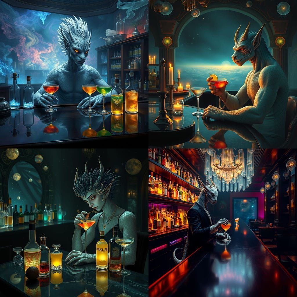 Draconic Patron Enjoys Cosmic Cocktails in Mystical Tavern