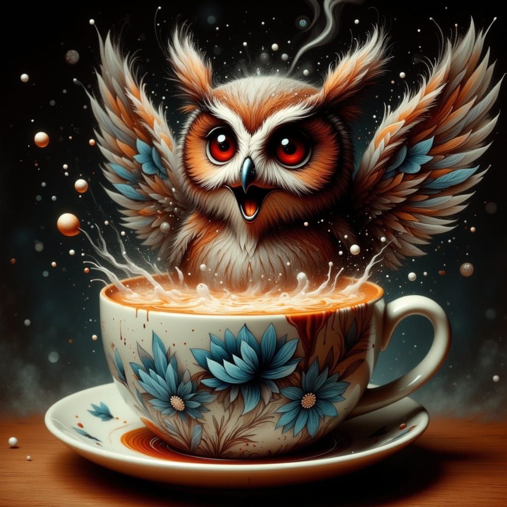 Sleepless Owl Drowning in Coffee, Cinematic Style