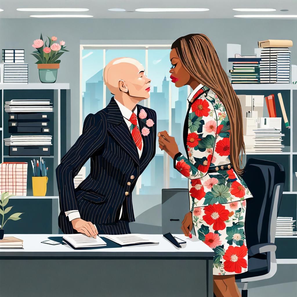 Crossdresser and Businesswoman Kiss in Office Photo