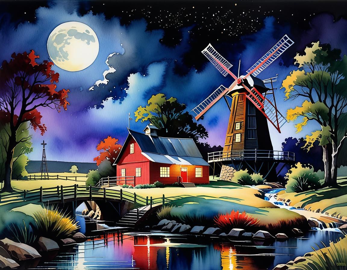 Texas Windmill Under Moonlight: Impressionist Fantasy Art