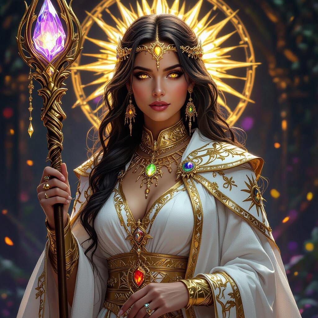 High Priestess with Crystal Staff in Dark Fantasy Style