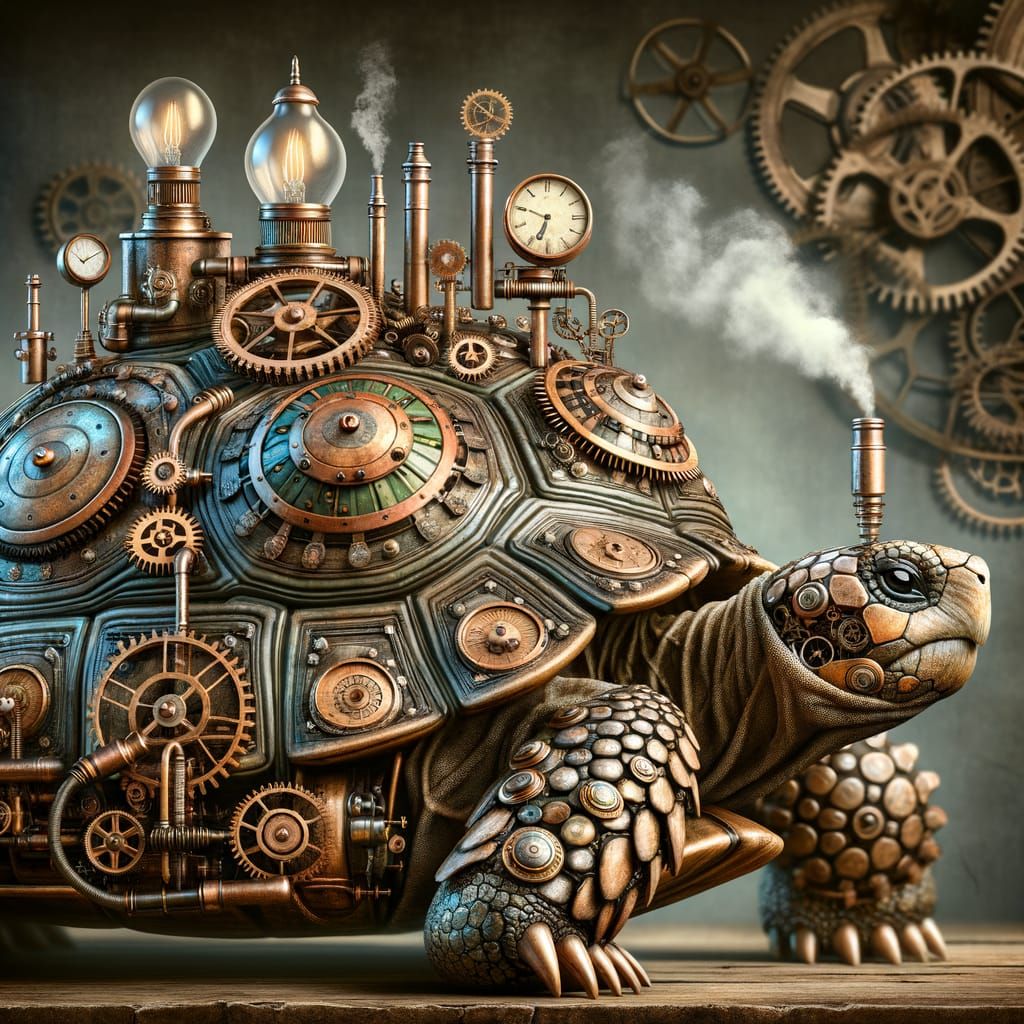 Steampunk Tortoise Amidst Ancient Machinery