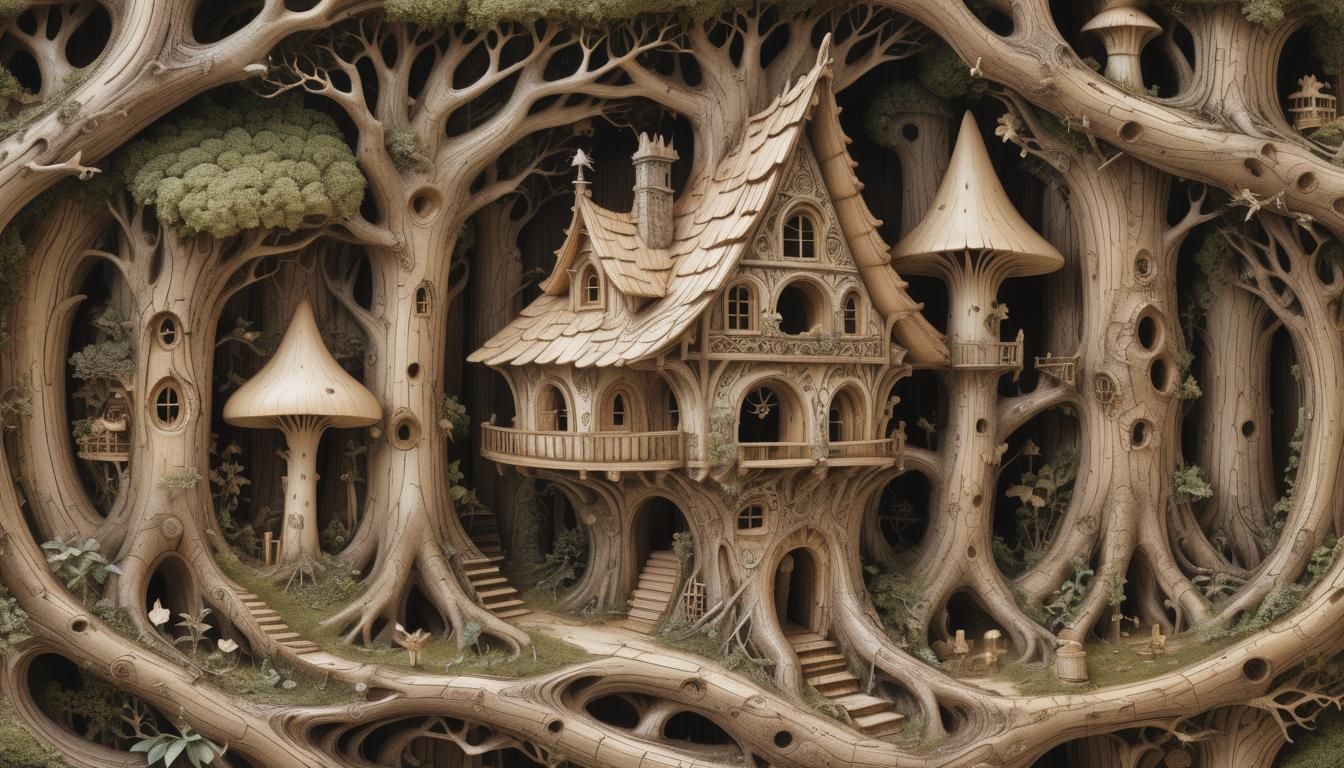 Intricate Fairy Home Carved in Oak Wood