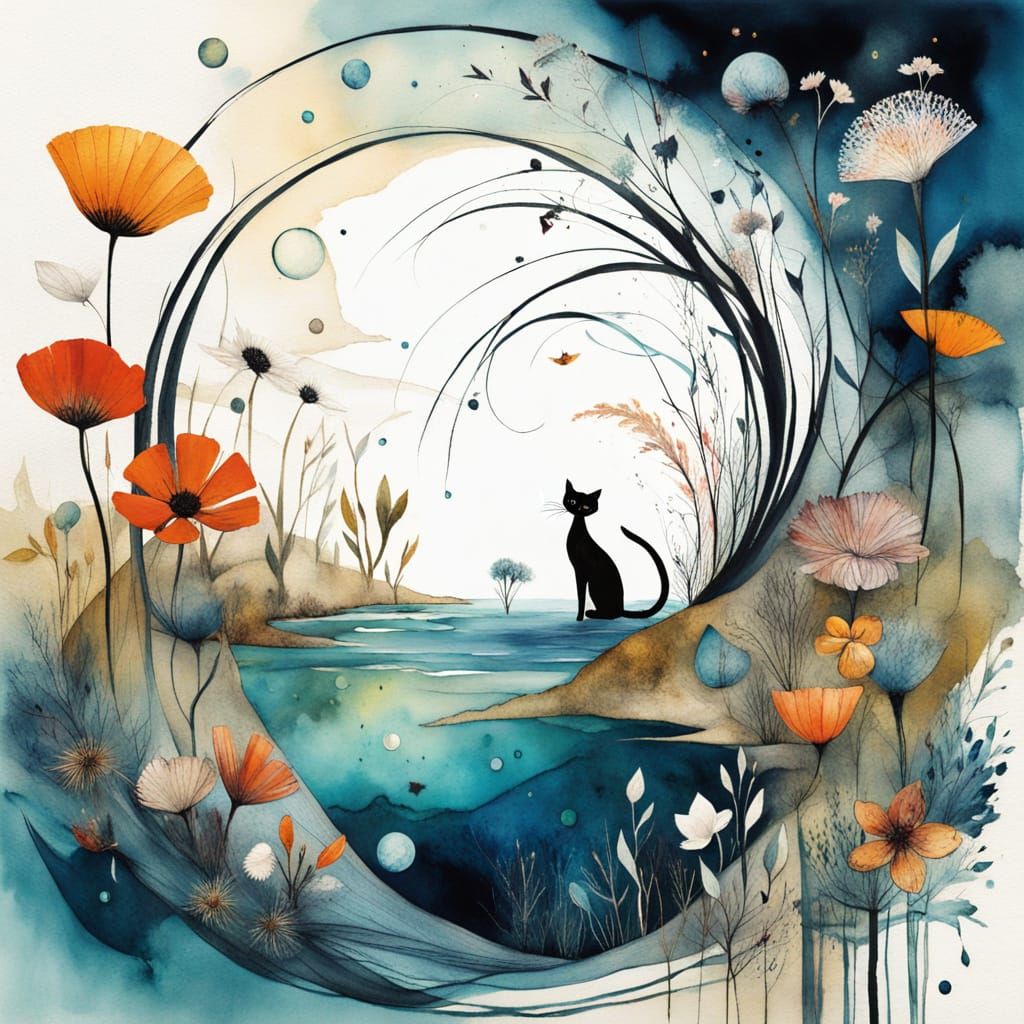 Whimsical Watercolor Cat Amidst Floral Blooms