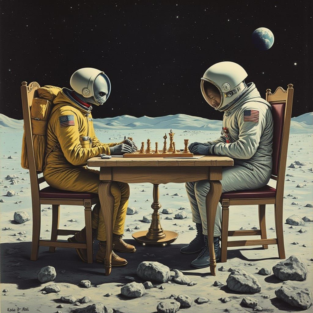 Astronaut and Alien Play Chess on Moon in Vintage Style